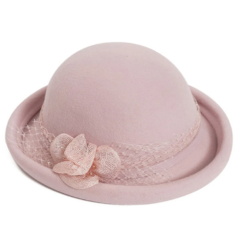 FS винтажная Женская шерстяная фетровая шляпа-Клош, одноцветная фетровая шляпа с цветочным принтом, розовая красная теплая зимняя женская шляпа-котелок, 6 цветов - Цвет: Pink