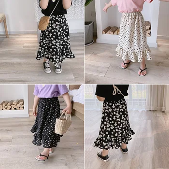 

Korean Style Girls Skirt 2020 New Medium Long Ruffle Flower Dot Printed Skirt Girls Chiffon Skirt QZ081