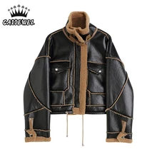 

Faux Fur Coat Women Lambswool Leather Thick Warm Plush Outerwear Winter Ladies Fashion Locomotive Coats Zipper Cropped Jacket