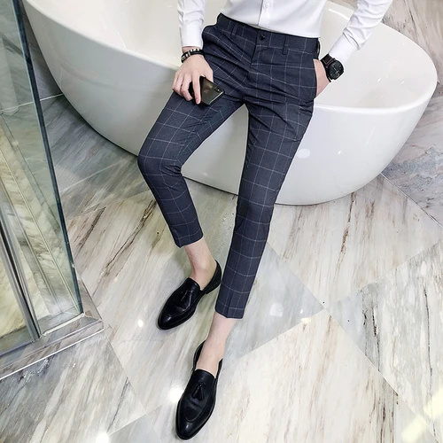 Мужские модельные брюки мужские s обтягивающие повседневные брюки Slim Fit деловые мужские строгие брюки высококачественные формальные клетчатые брюки размер S-4XL - Цвет: Серый