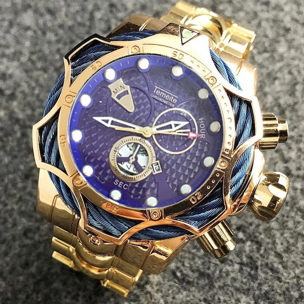 Temeite мужские часы Топ бренд дизайн роскошные золотые кварцевые часы для мужчин большой циферблат часы водонепроницаемые наручные часы Relogio Masculino