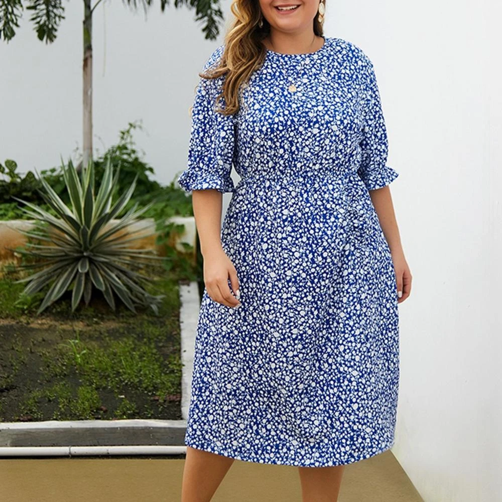 O Ansatz Blumen Drucken Hohe Taille Kleider Frauen Halbe Hulse Mittlere Waden Lange Plus Grosse Frauen Party Kleid Damen Elegante Kleid 15 Kleider Aliexpress