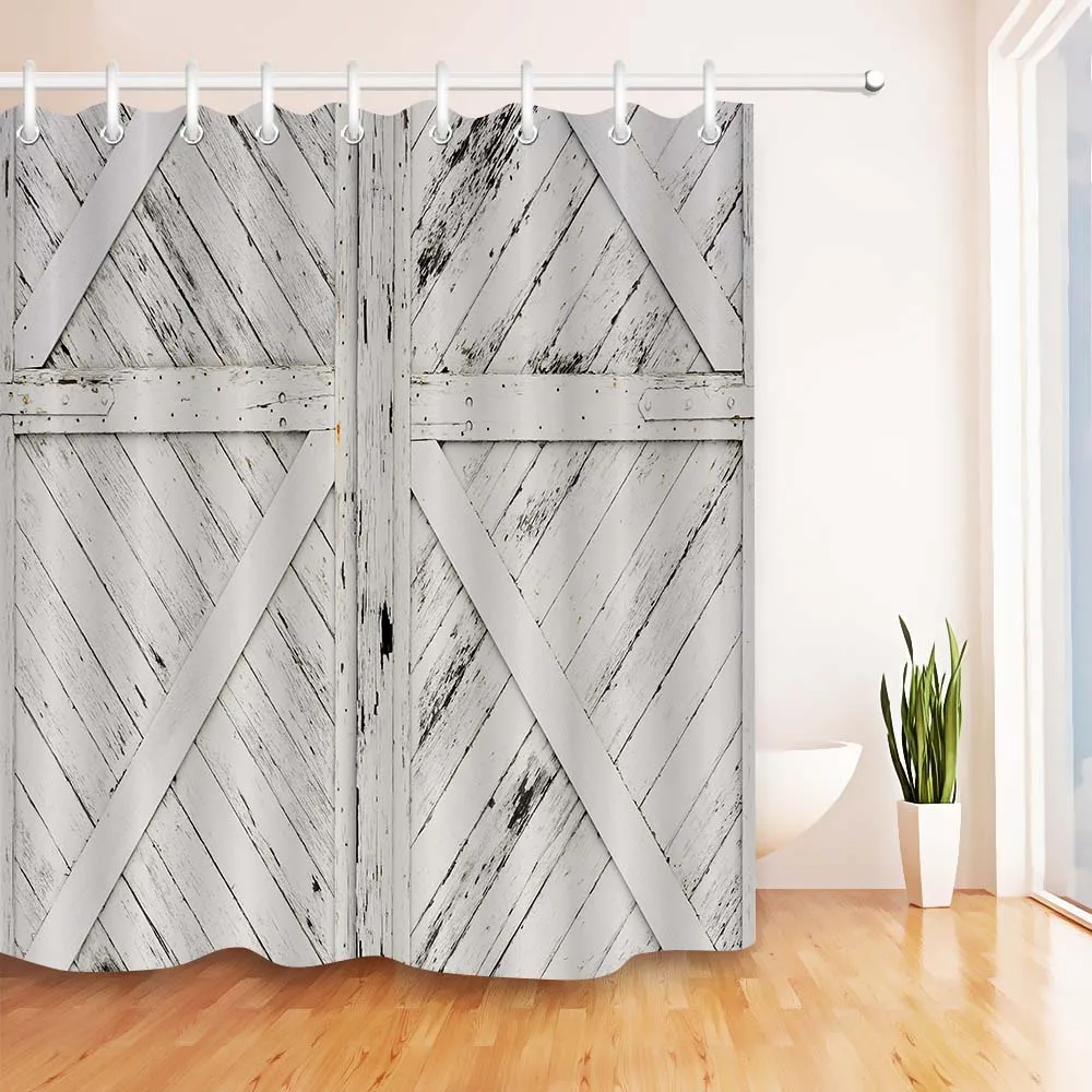 New Painted Wooden Barn Door Bathroom Waterproof Fabric Decor Shower Curtain Set 
