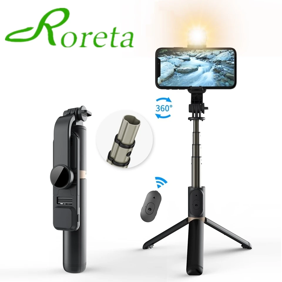 Roreta 2020 4 in1 inalámbrico Bluetooth Selfie Stick plegable de mano Monopod trípode expansible con luz LED Disparador remoto