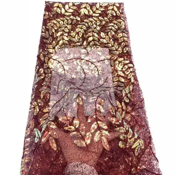 

(5yards/pc) Wine red and gold African French net lace fabric with delicate sequins embroidery 2020 newest for party dress FZZ751