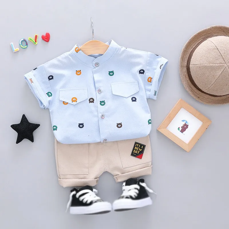 

2Pcs/Set Summer Baby Boys Short Sleeve Cartoon Bear Print Blouse +Shorts Casual Outfits Sets