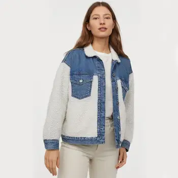 

2020 New Spring Lamb Wool Jacket Women Stitching Denim Girl Fleece Short Coat Lapel Collar Retro Thick Loose Casual Streetwear