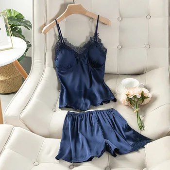 

Sexy Lace Pajamas Sets Women Strap Top&Shorts Homewear Satin Silky 2PCS Sleepwear Female Casual Pyjamas Suit Home Clothes