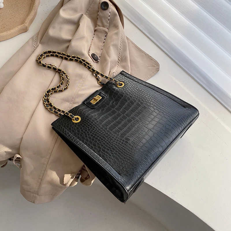 Сумка через плечо с крокодиловым узором модная Новая высококачественная кожаная женская дизайнерская сумка с замком на цепочке сумка через плечо - Цвет: Черный