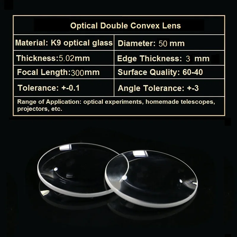Double Convex Lens Diameter 50mm Focal Length 300mm Magnifying Glass Sight Stage LED Light K9 Optical Glass Lens Convex Lens