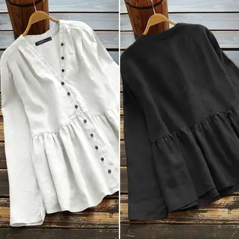 

Plus Size Women Tops and Blouses 2020 Spring Cotton Shirts ZANZEA Lady Casual Buttons Down Blusas V Neck Tunic Tops Chemise 5XL