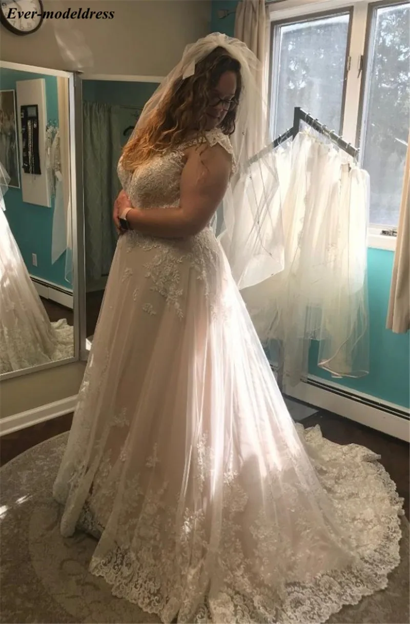 Vestido De Noiva Lace Wedding Dresses Appliques Beaded Pearls Cap Sleeves Sheer O-Neck Plus Size Wedding Gowns Bride Dress