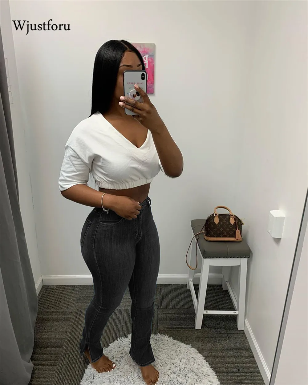 

Wjustforu Strechy High Waist Jeans for Women Streetwear Hem Slit Sexy Vintage Trousers Skinny Denim Pencil Pants