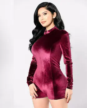 

Women Sexy Nightclub Bodysuits Tights Autumn Long Sleeve Velvet Playsuits Turtleneck Bodycon Slim Jumpsuits Fast Shipping