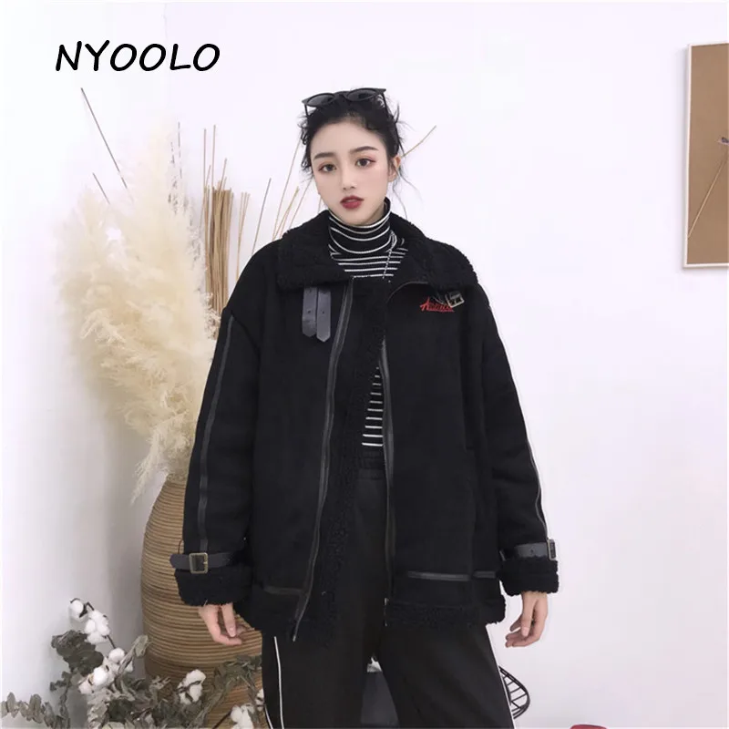 NYOOLO осенне-зимняя уличная мода замша овечья шерсть лоскутное полосатый каждодневный свободный длинный рукав молния мотоциклетная куртка женская одежда верхняя одежда
