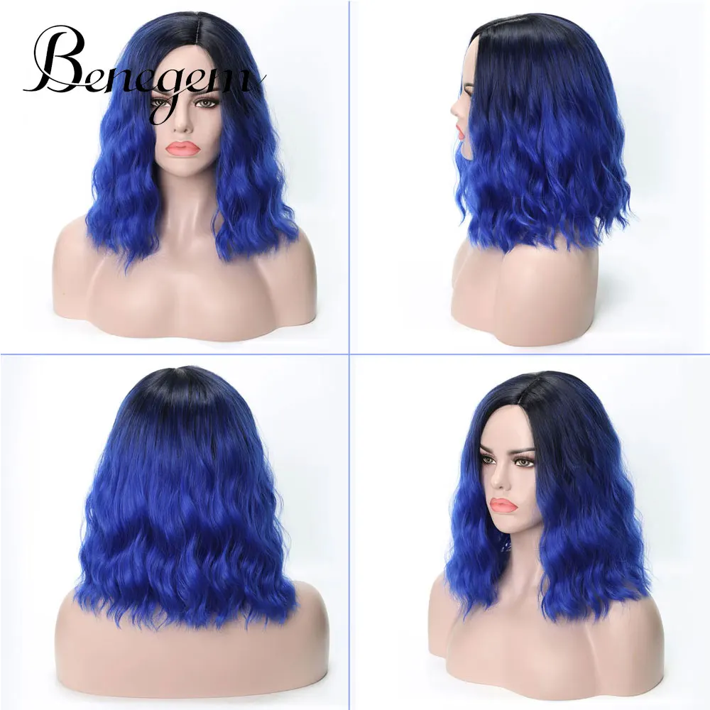 Benegem женский парик с челкой, синяя натуральная волна, 26 дюймов, 66 см, длинные волнистые кудрявые парики, некружевной синтетический парик для косплея - Цвет: B04