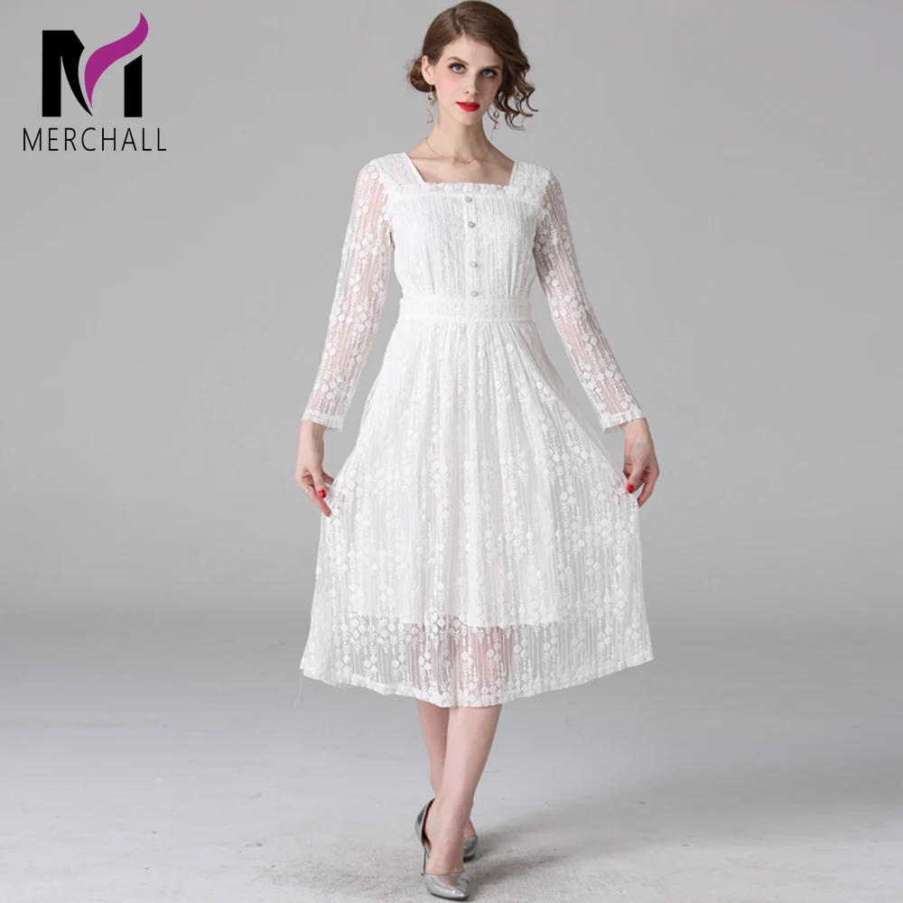

Merchall 2019 Spring Fashion Runway Dress Hollow Out Elegant Lace Party Dress High Quality Women Long Sleeve White Office Dress