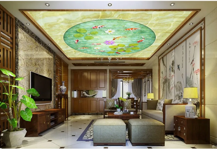 

Custom 3D Photo Wallpaper ceilings 3D Nine Fish Figure Clear Lotus Pond New Chinese Ceiling Mural