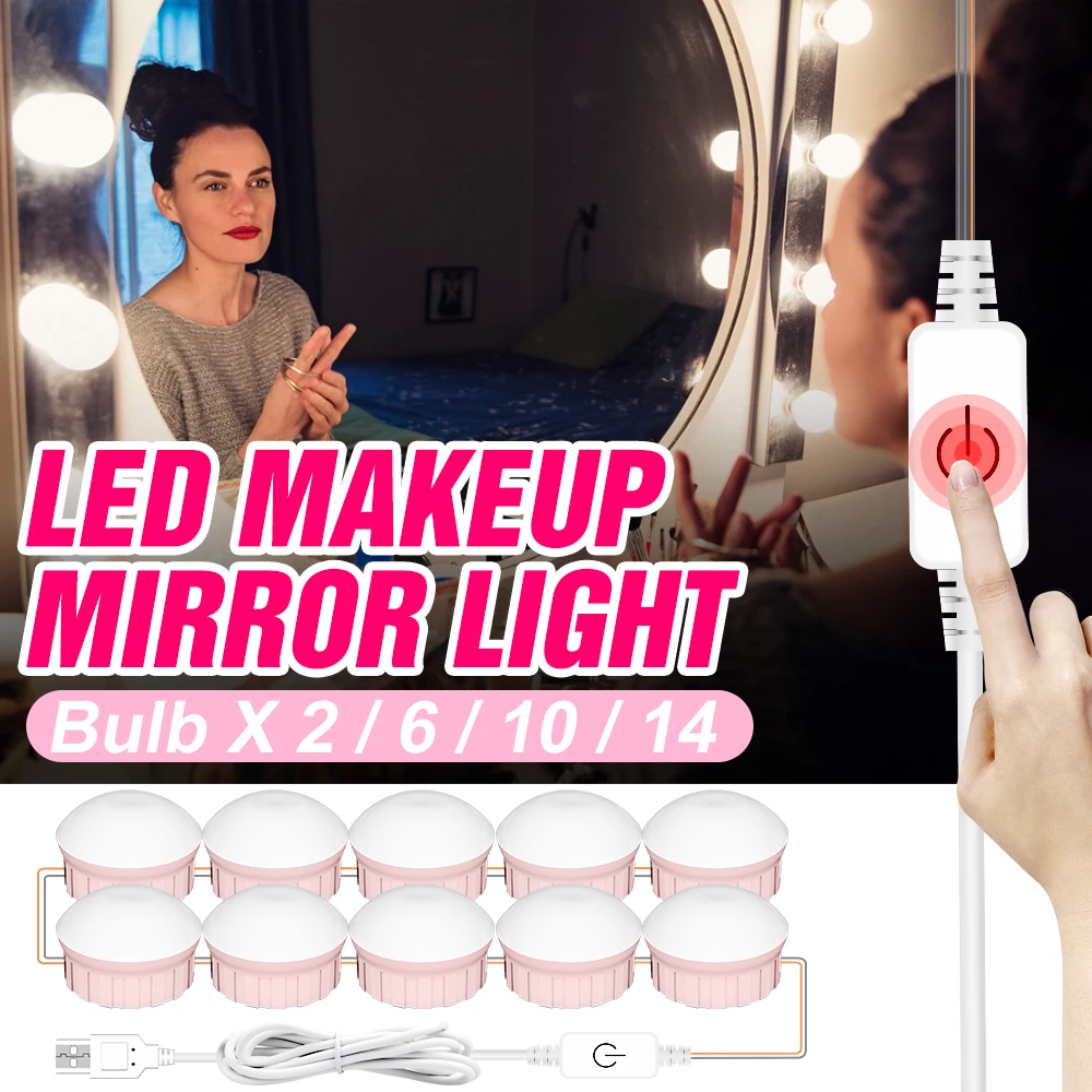 

LED Dressing Table Mirror Light 2 6 10 14Bulb Dimmable Makeup Cabinet Beauty Lamp USB Cosmetic Lights LED Bathroom Vanity Lamp