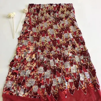 

(5yards/pc) gradient red silver African sequins French net lace fabric with heavy embroidery for fantastic party dress FZZ610