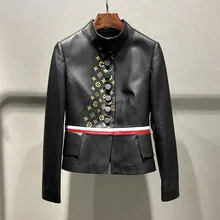 Кожаная куртка, женская короткая куртка из овчины с принтом, повседневная кожаная куртка