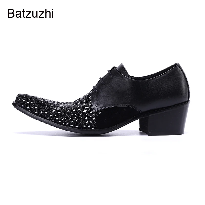 Batzuzhi Luxury High Heels Men's Shoes Pointed Toe Black Genuine Leather Dress Shoes Men Lace-up Formal Business, Party Footwear