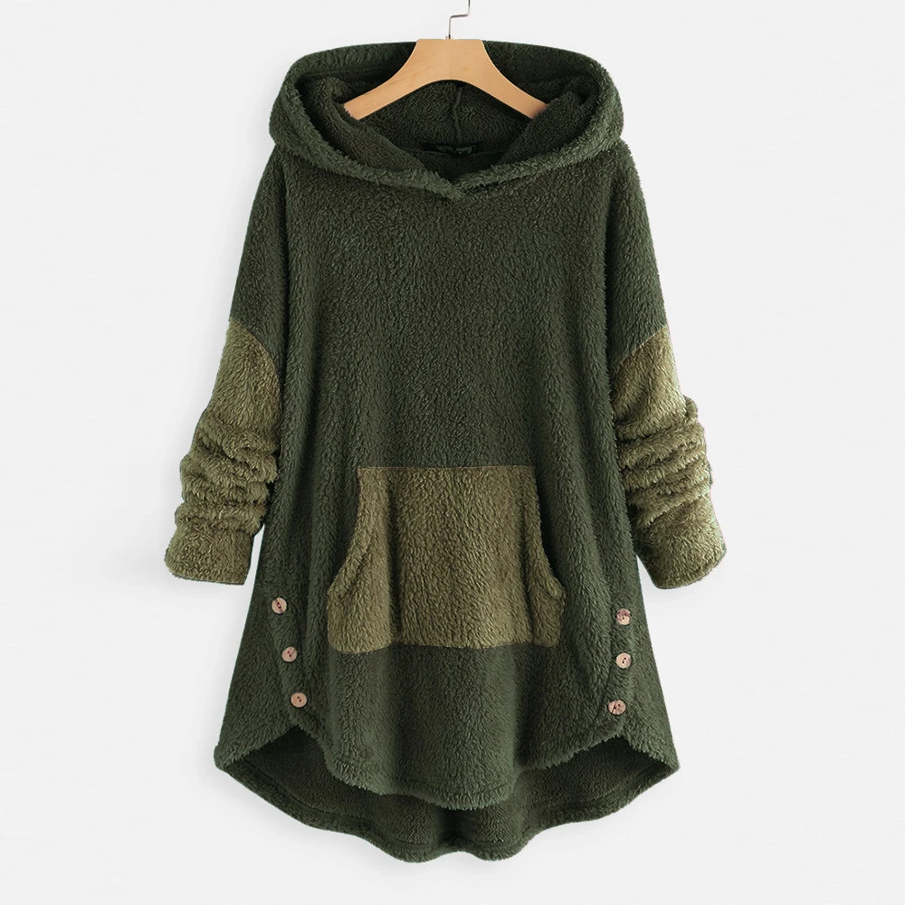 

LOOZYKIT 2019 Fashion Women Autumn Sweatshirt Fleece Casual Hoodie Fluffy Pullover Front Pocket Long Sleeve Patchwork Hoodies