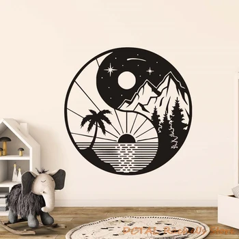 

Yin Yang Day Night Tropical Island Mountain Sticker Palm Silhouettes Home Decor Vinyl Decal Coconut Tree Living Room Bedroom