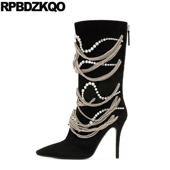 

high heel gothic boots big size knee stiletto chain pointed toe luxury brand shoes women exotic dancer stripper 12 44 13 45
