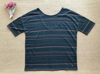 

Women T-shirt 2019 Spring and Summer Blackish Green Striped Round Neck T-shirt