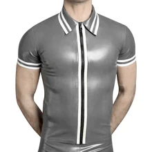 

Silver And White Trims Sexy Latex Shirts Zipper At Front Stripes Around Collar Sleeves Rubber Top YF-0262