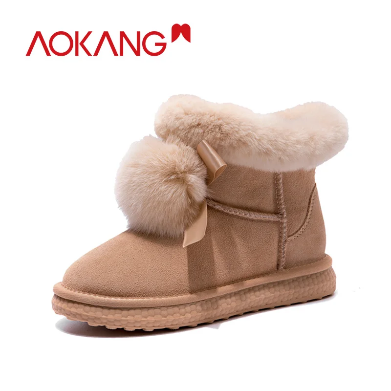 

AOKANG Snow Boots Women Shoes Woman Comfortable Warm Short Plush Fur Ball Mid-Calf Boots Female Snow Boots Woman