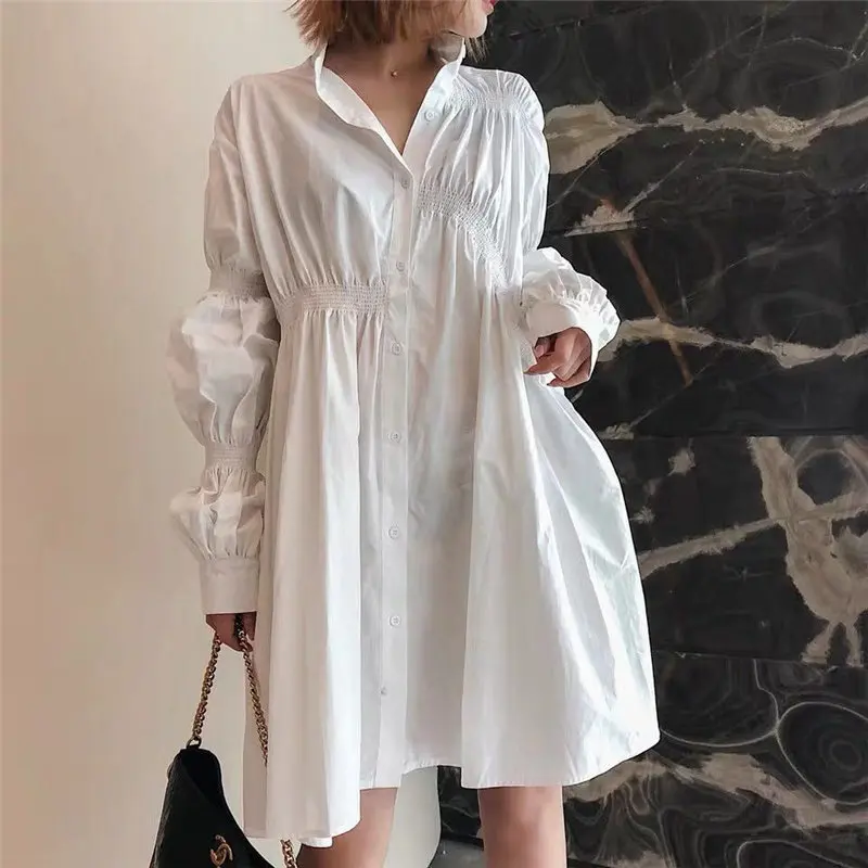 

HziriP French Retro Stylish Puff-Sleeved Waist-Controlled Irregular Sweet A-Line Women Vintage Solid Fresh All Match Dresses