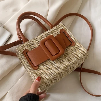 

Elegant Female Contrast color Tote bag 2020 Summer New High-quality Straw Women's Designer Handbag Travel Shoulder Messenger Bag