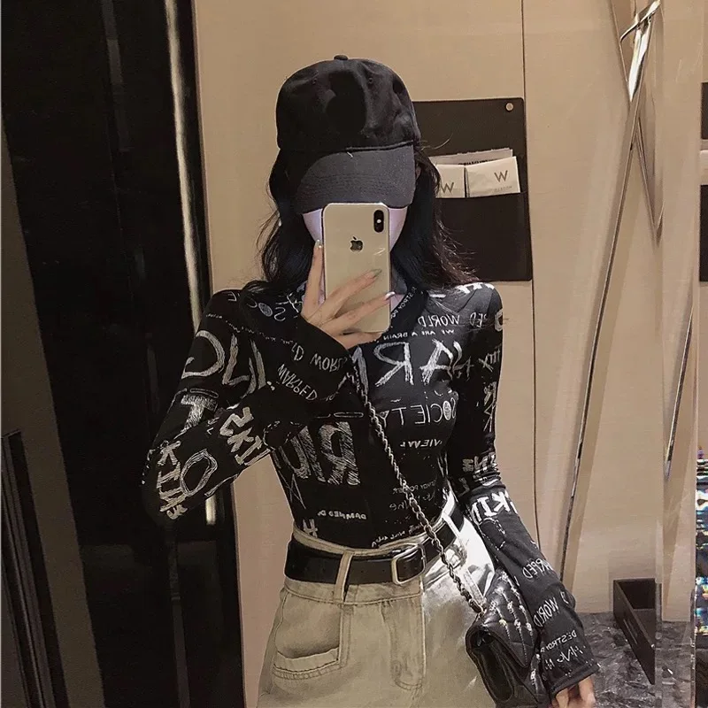 

Autumn and winter fashion trend letter printing t-shirt women's round neck all-match cotton top high street long-sleeved clothes