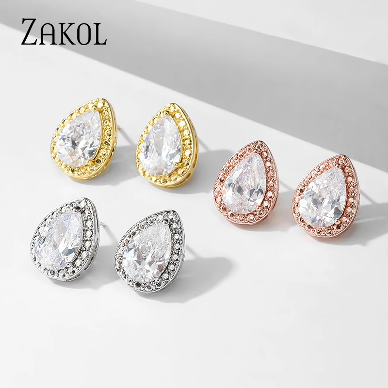 ZAKOL Fashion Big Pear Cubic Zircon Stud Earrings with Tiny Crystal Exquisite White Color Bridal Wedding Jewelry Aretes FSEP001
