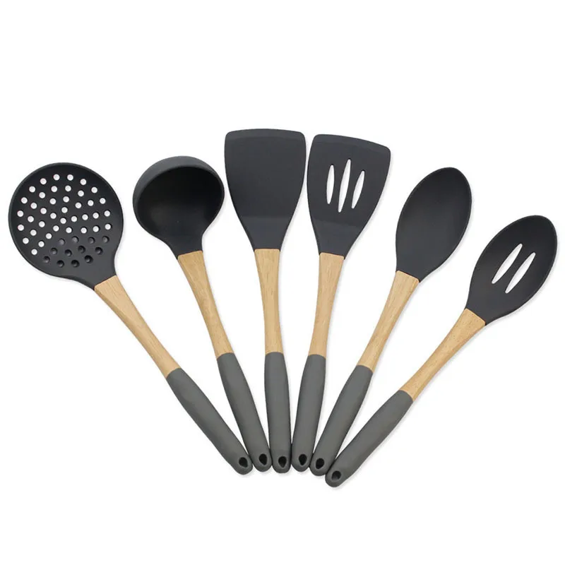 

Silica Gel Wooden Handle Kitchenware 6 Pieces Non-stick Pot Ladel Tool Kit Shovel Decoction Filter Spoon Cooking Kitchenware