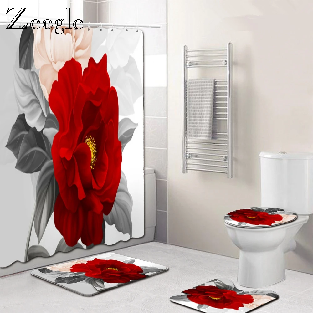 Zeegle 4pcs Bathroom Shower Curtain with Bath Mat Set Waterproof Flower Bath Curtain Set Non-Slip Bathroom Rug Toilet Cover Mat