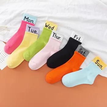 

1 Pair Autumn Winter Week Sunday Letter Print Candy Color Streetwear Socks Sports Casual Cotton Trend Hose Week Women's Socks