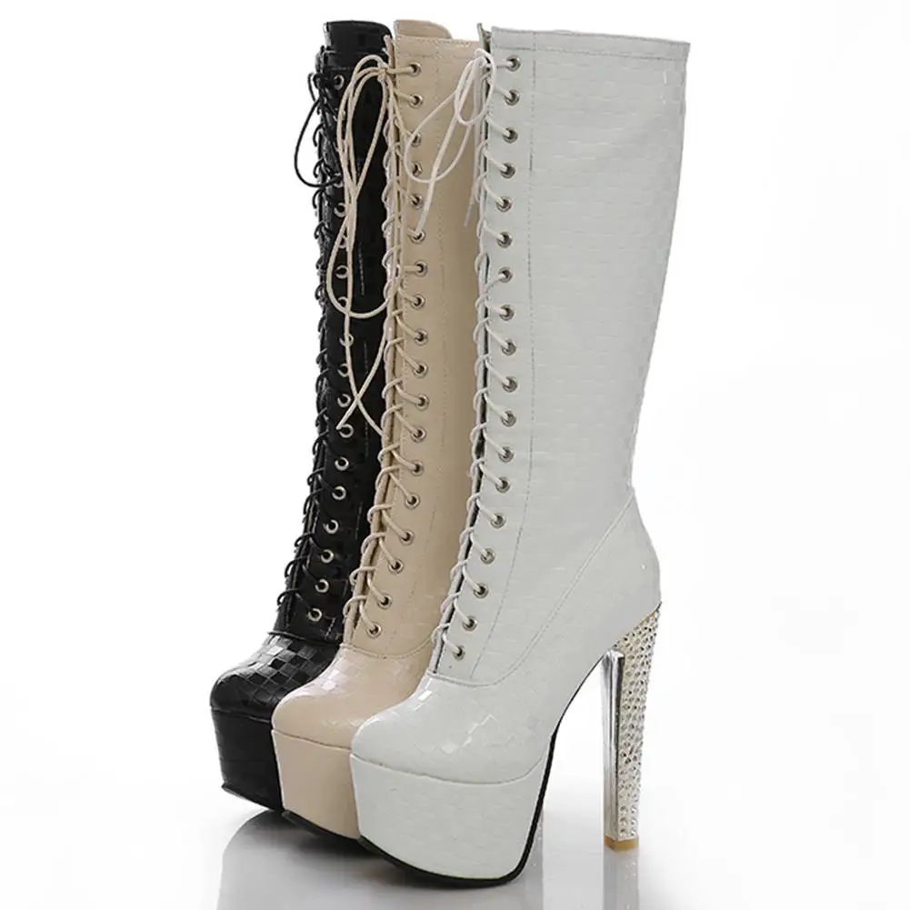 RIBETRINI Sexy Western Knee High Boots Women Patent PU Platform Thin High Heel Round Toe Knee Boots Ladies Party Shoes Woman