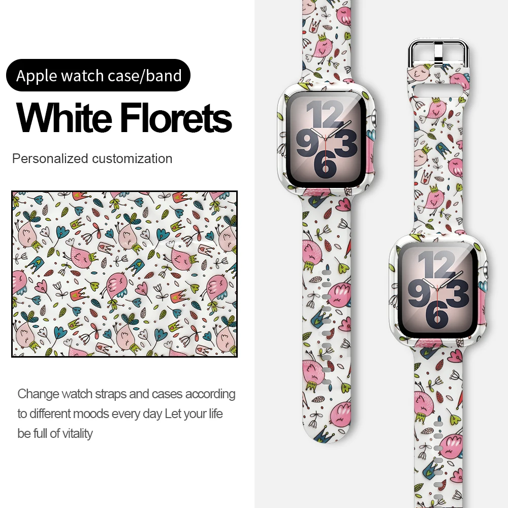 Case+Bands for Apple Watch Band 44 40 42 38mm with Screen Protector Cover, Glass+Silicon Wristband Strap for iWatch SE 654321