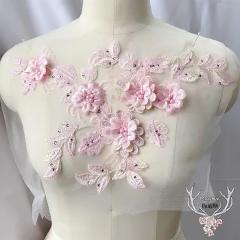 

5 Pieces, 6 Colors in stock, 3d appliqued embroidery lace patches with rhinestones, mixed colours embroidered dress lace flowers