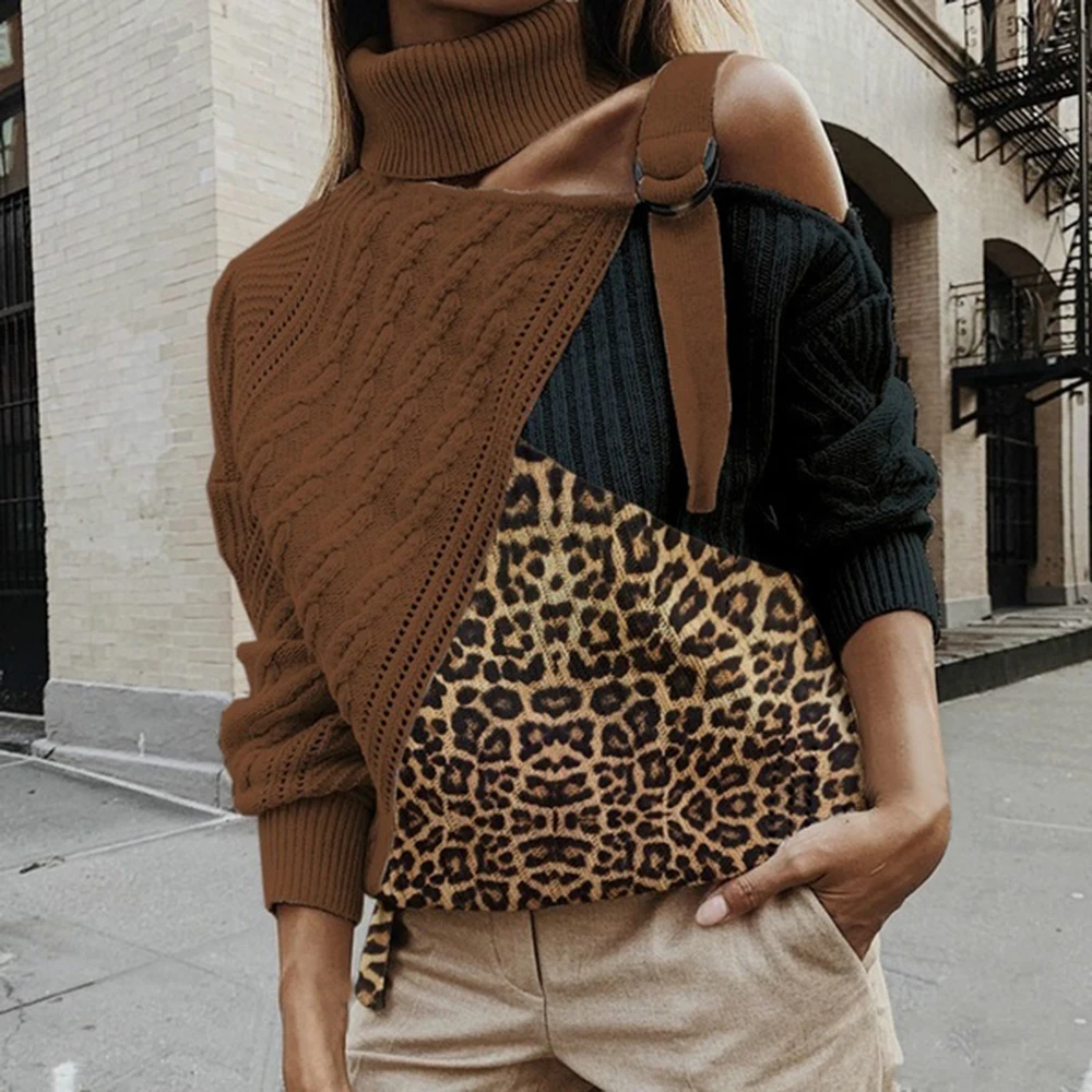 Леопардовый лоскутный свитер с высоким воротом, женский сексуальный лоскутный вязаный свитер с открытыми плечами, пуловер с длинными рукавами и рукавом летучая мышь
