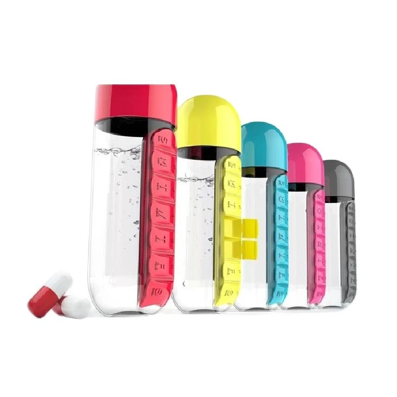 Botella de agua deportiva de 600 ml combinar cajas de píldoras diarias Organizador Botellas de beber 