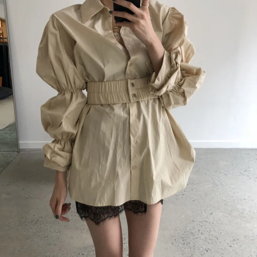 Neploe, женская элегантная блузка, длинный рукав, средняя длина, топ, Blusas, эластичный пояс, тонкая талия, рубашка,, Корейская однотонная одежда 56281
