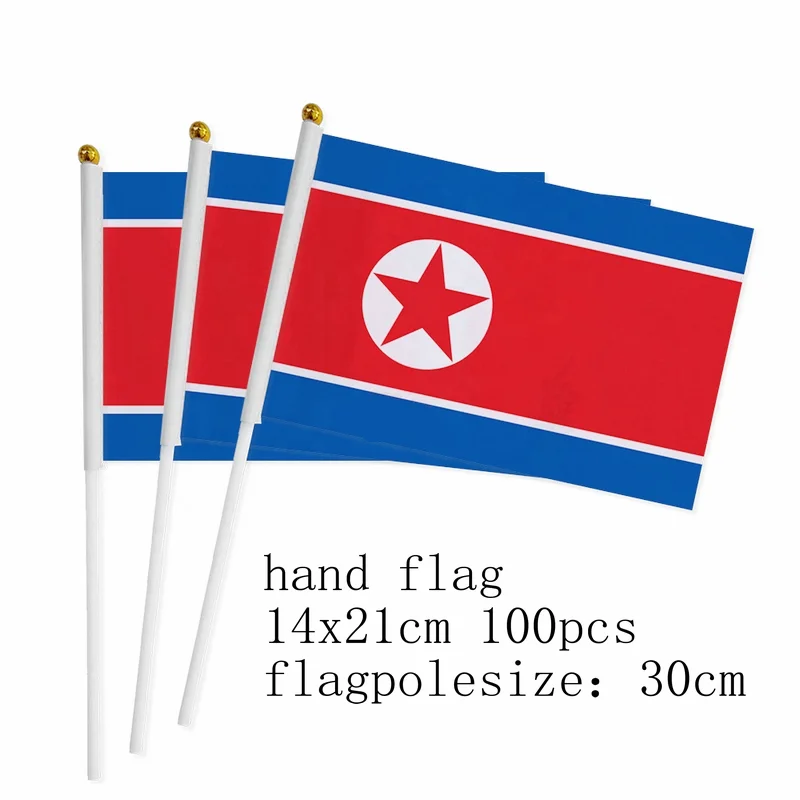 

zwjflagshow north Korea Hand Flag 14*21cm 100pcs polyester north Korea Hand waving Flag with plastic flagpole for decoration