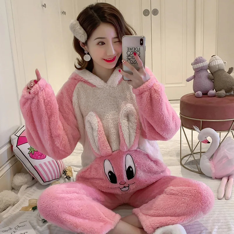 

Coral Velvet Pajamas Women's Autumn & Winter Rabbit Ears Thick Warm Flannel Princess Style-Outer Wear Tracksuit Two-Piece Set