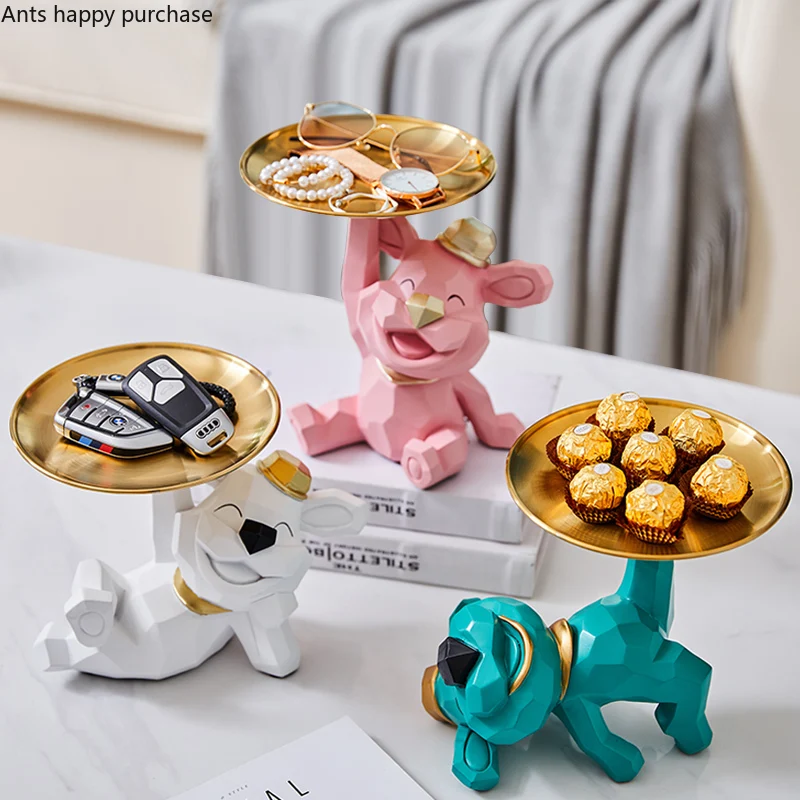 

Resin Dog Ornaments Metal Storage Tray Animal Statue Sculpture Decoration Crafts Jewelry Dish Snack Plate Figurines Furnishings