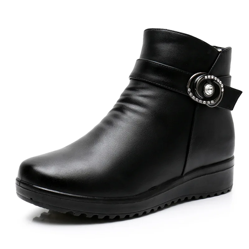 

Rhinestone Cowhide Middle-aged Mother Warm Shoes Woman Ankle Boots Snow Boots Flat Non-slip Soft Bottom Comfortable Women Boots
