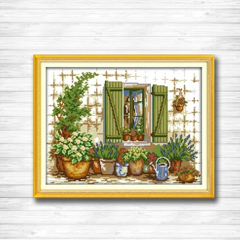 

Outside the window Pot painting 14CT 11CT counted cross stitch Needlework Set Embroidery kits chinese cross stitch Home decor